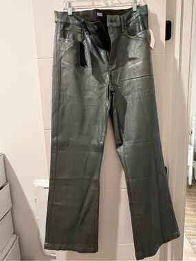PAIGE Shimmer Olive Green Straight-Leg Faux Leather Jeans